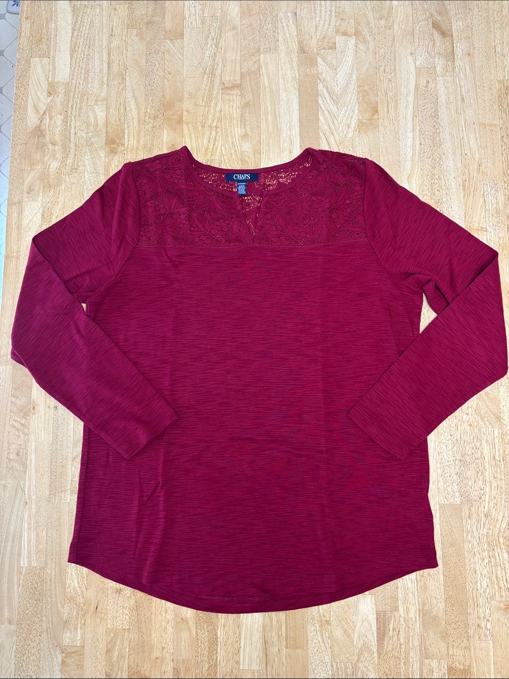 Chaps Burgundy Wine Red Lace Yoke Detail Knit Long Sleeve Pullover Shirt Top 1X
